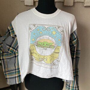 Star Wars The Mandalorian Grogu Cropped Refashioned Flannel ~M See Measurements
